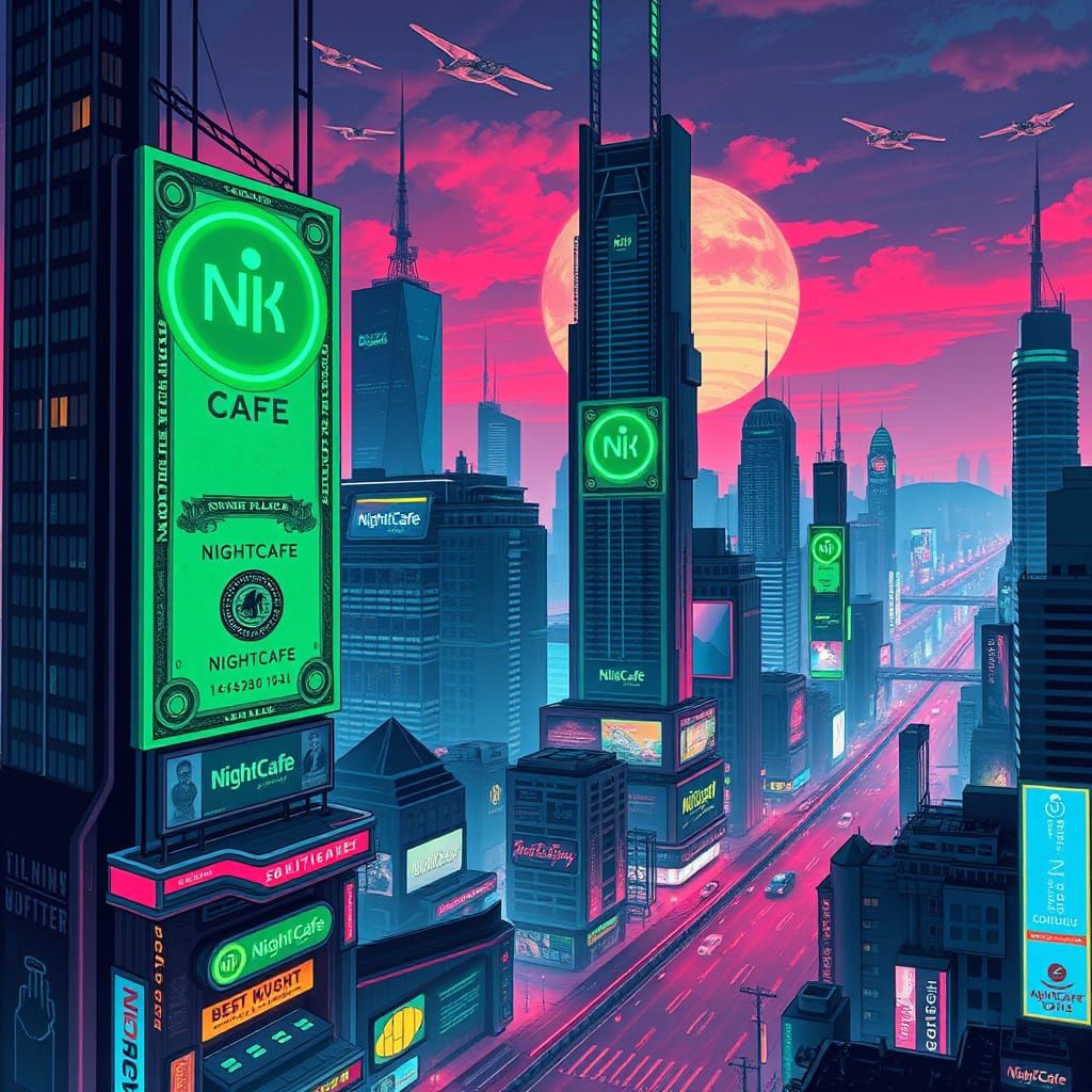 Futuristic Cityscape with Glowing Money in Cyberpunk Style
