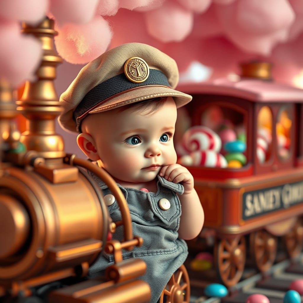 Whimsical Baby Conductor Pilots Steam Train in Candy Land