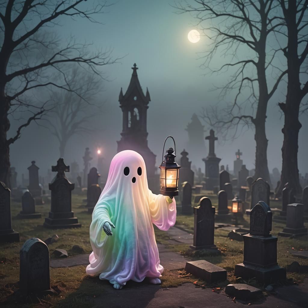 Iridescent Marshmallow Ghost in Misty Graveyard