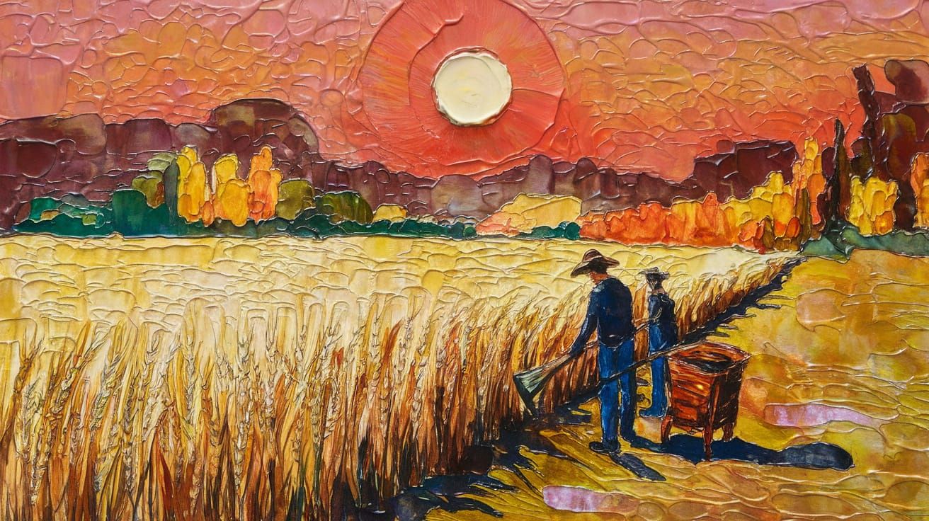 Farmers Harvesting Wheat in Textured Sunset Field