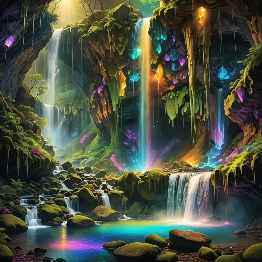 Mystical Crystal Cave Waterfall in Digital Art
