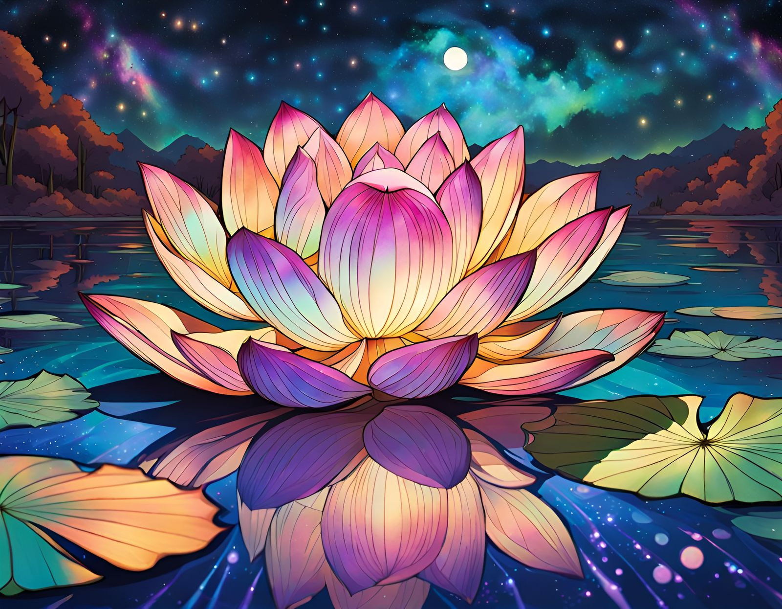 Luminescent Holographic Lotus Flower Under Nebula Sky