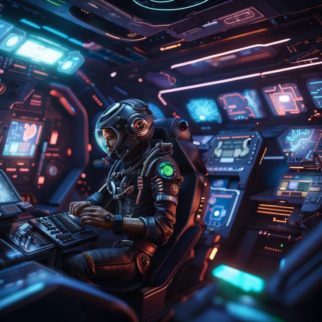 Space Pirate in Cockpit of Neon Tech Spaceship