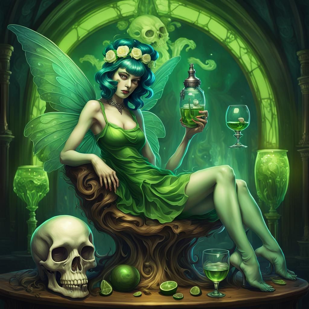 Absinthe Fairy Pinup in Art Nouveau Style