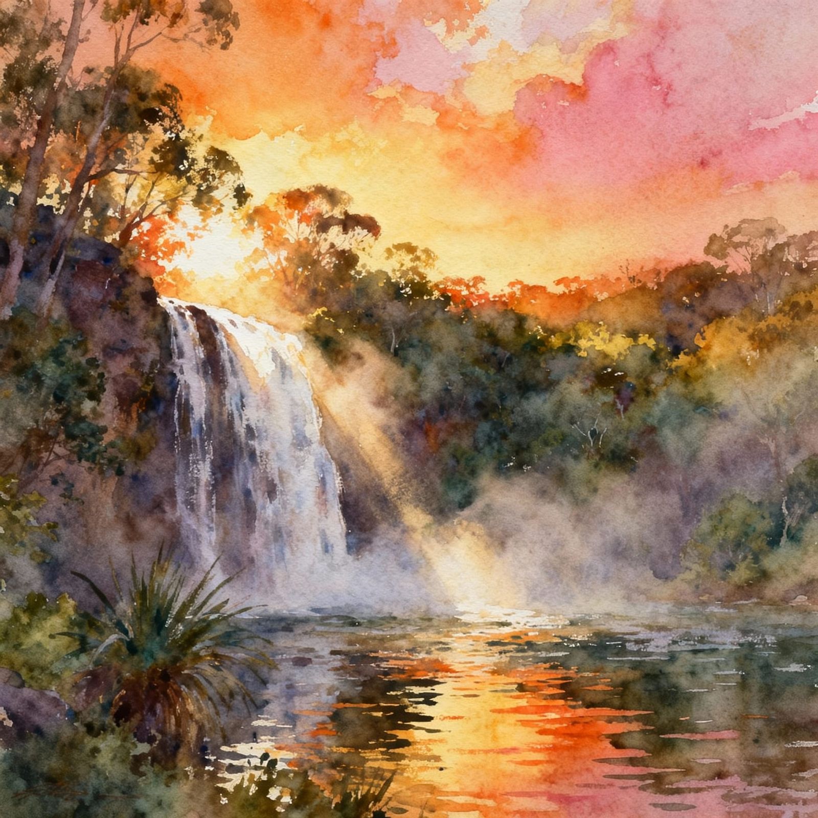 Warm Sunrise Waterfall in Bushlands Watercolour Landscape