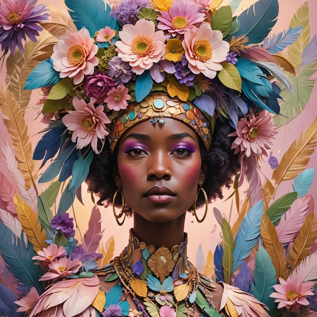 Afrofuturism Portrait with Floral Hat in Pastel Colors