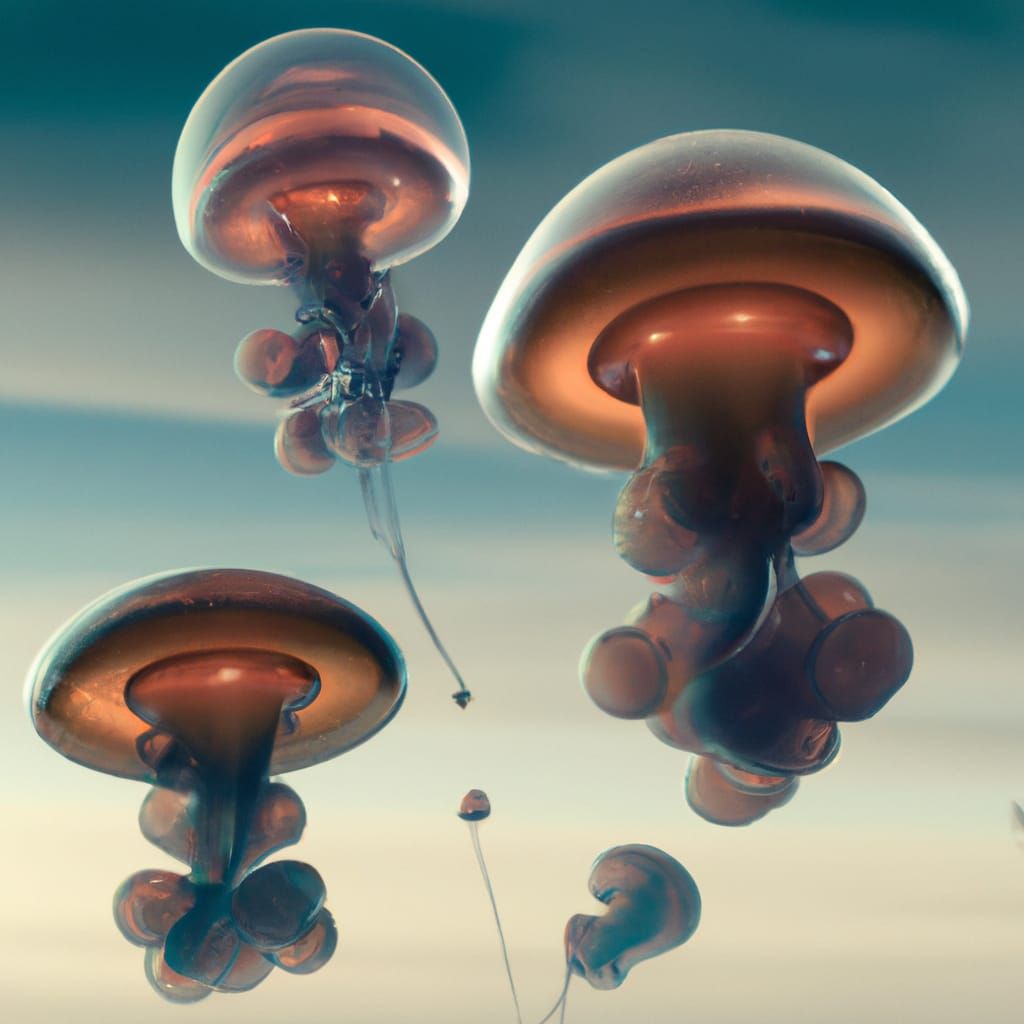 Jellyfish Mushrooms Float in Sci-Fi Sky, 3D Render