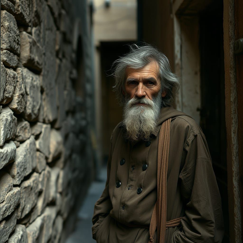 Elderly Man in Dim Alleyway: Cinematic Portrait