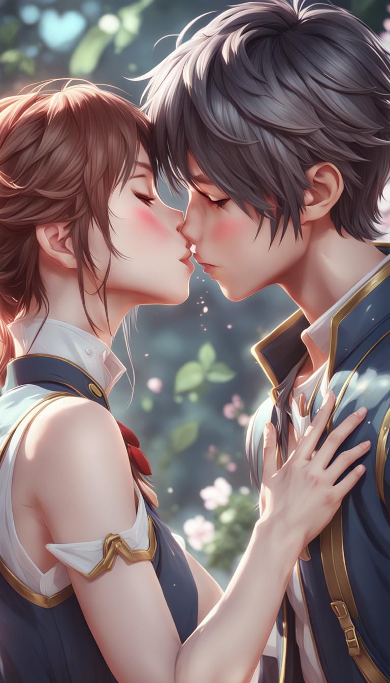 A PG image of a boy and girl kissing and caressing. By artist "anime", 3d anime art, inspired by WLOP, Artstation, #gens...