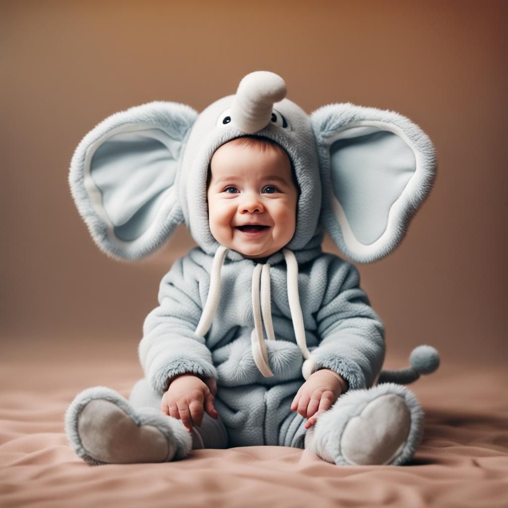 Smiling Baby Elephant Costume, Wes Anderson Style
