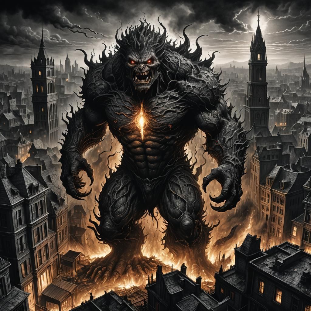 Monster's Dark Descent: Cityscape Charcoal Destruction