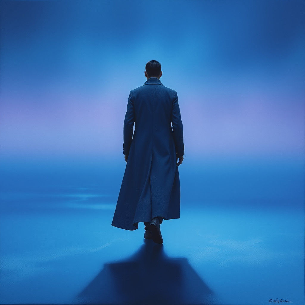 Figure Stepping into Gradient Expanse in Surreal Style