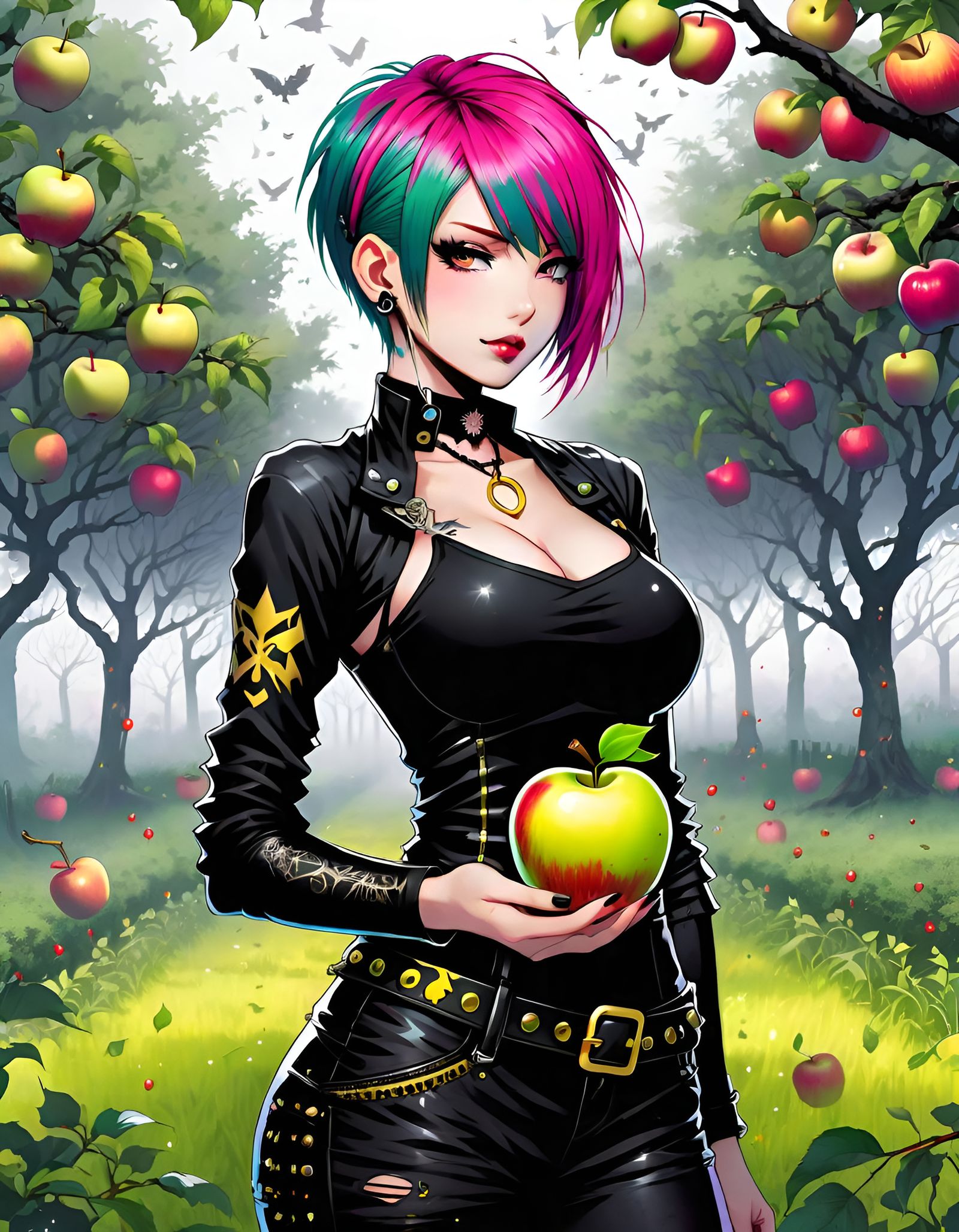 Punk Rock Girl in Apple Orchard: Anime Art