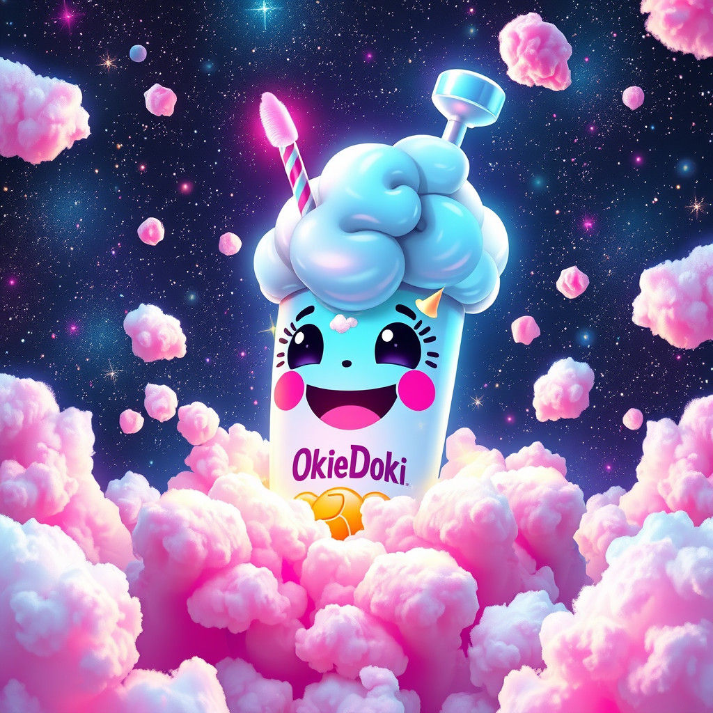 Cosmic Cotton Candy Explosion with OkieDoki Mascot