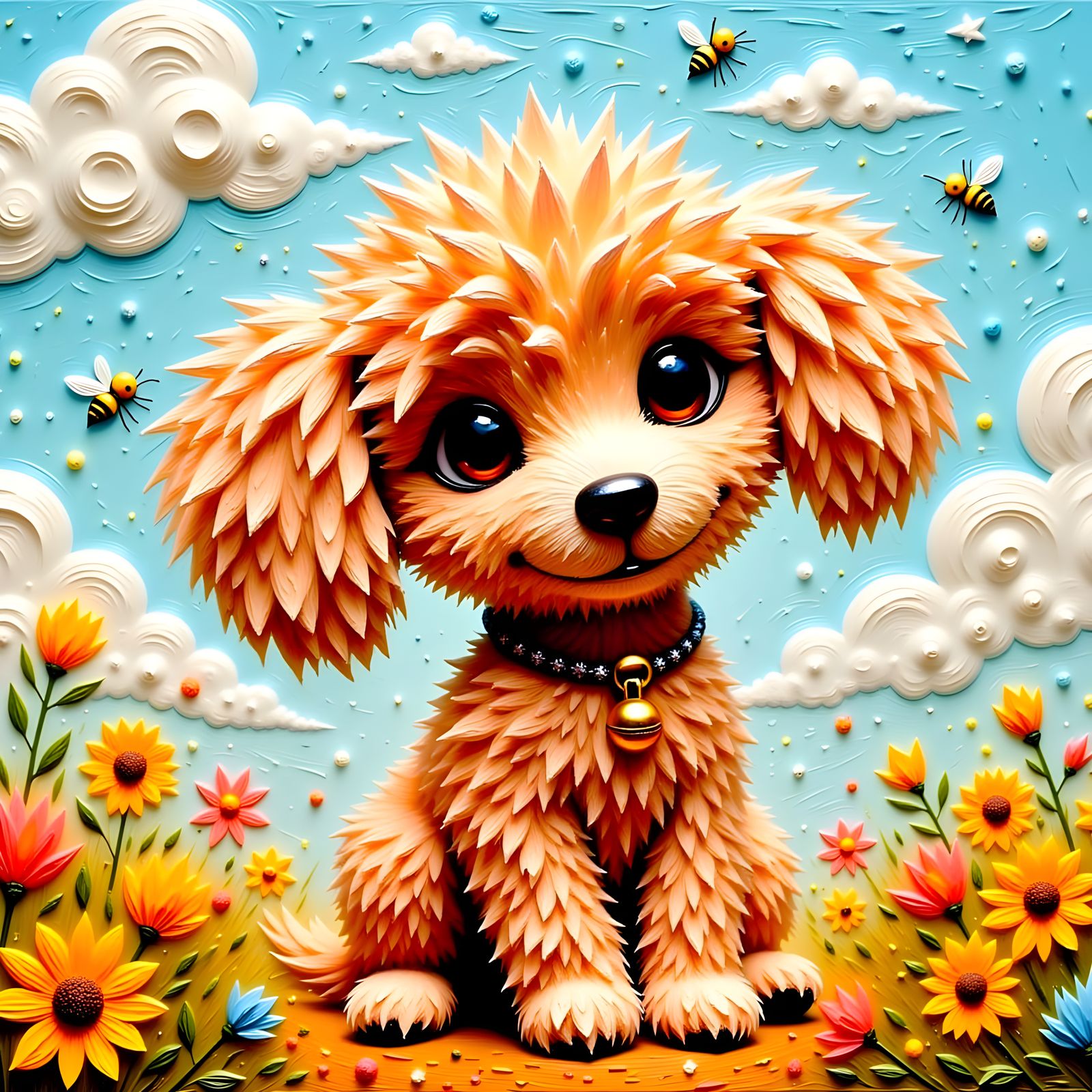 Playful Poodle Puppy in Whimsical Folk Art Style