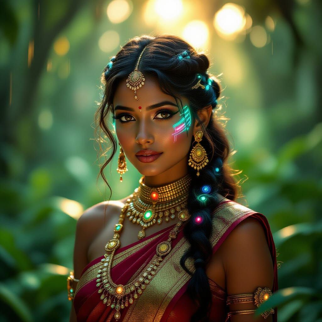 Futuristic Kerala Woman in Bioluminescent Rainforest