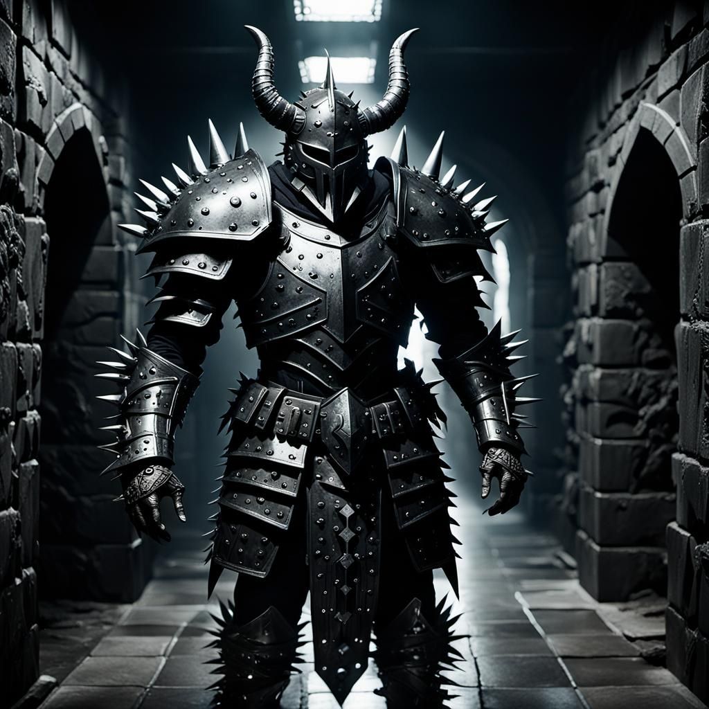 Knight in Black Armor Guarding a Dark Dungeon