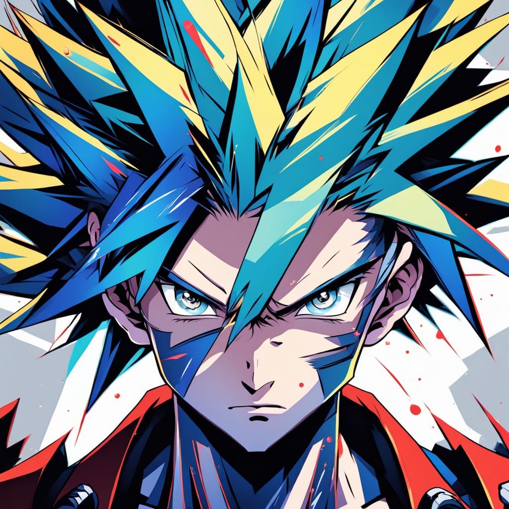 Confident Anime Boy with Spiky Blue Hair