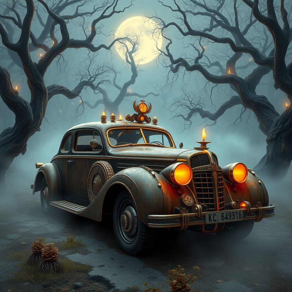Ancient Vintage Car in Moonlit Clearing