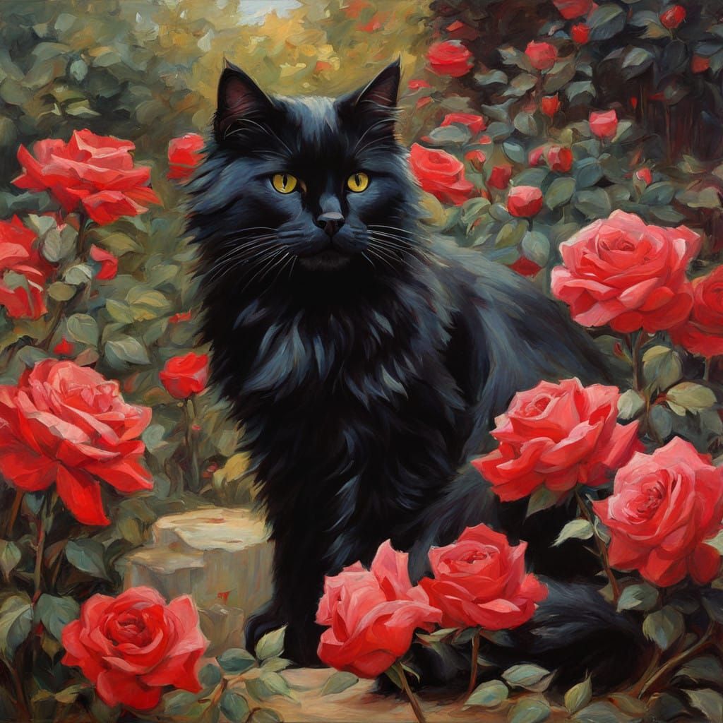 Whimsical Black Cat Amidst Vibrant Red Roses in Oil Painting