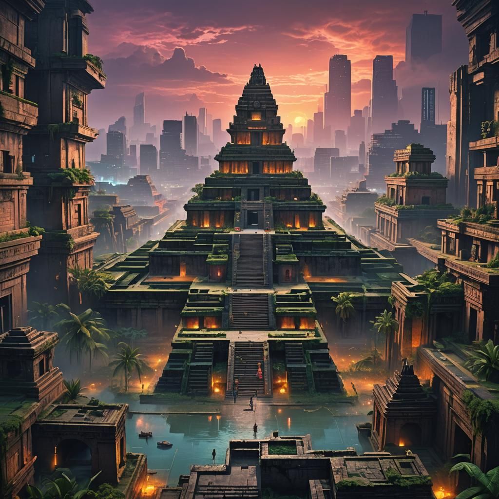 Cyberpunk Temple of Tenochtitlan with Anime Goddess