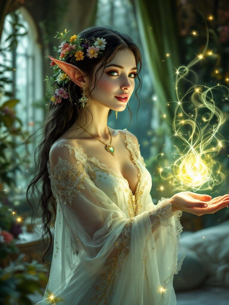Ethereal Elven Goddess in Moonlit Bedroom