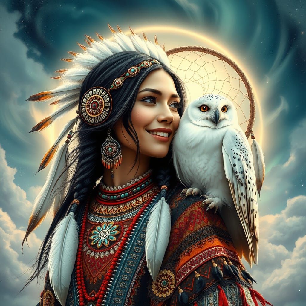 Ethereal Native Goddess with Majestic Owl