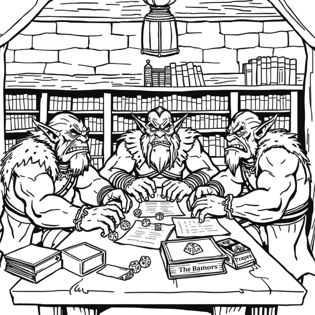Orcs Play D&D in 1-Bit Line Art Style