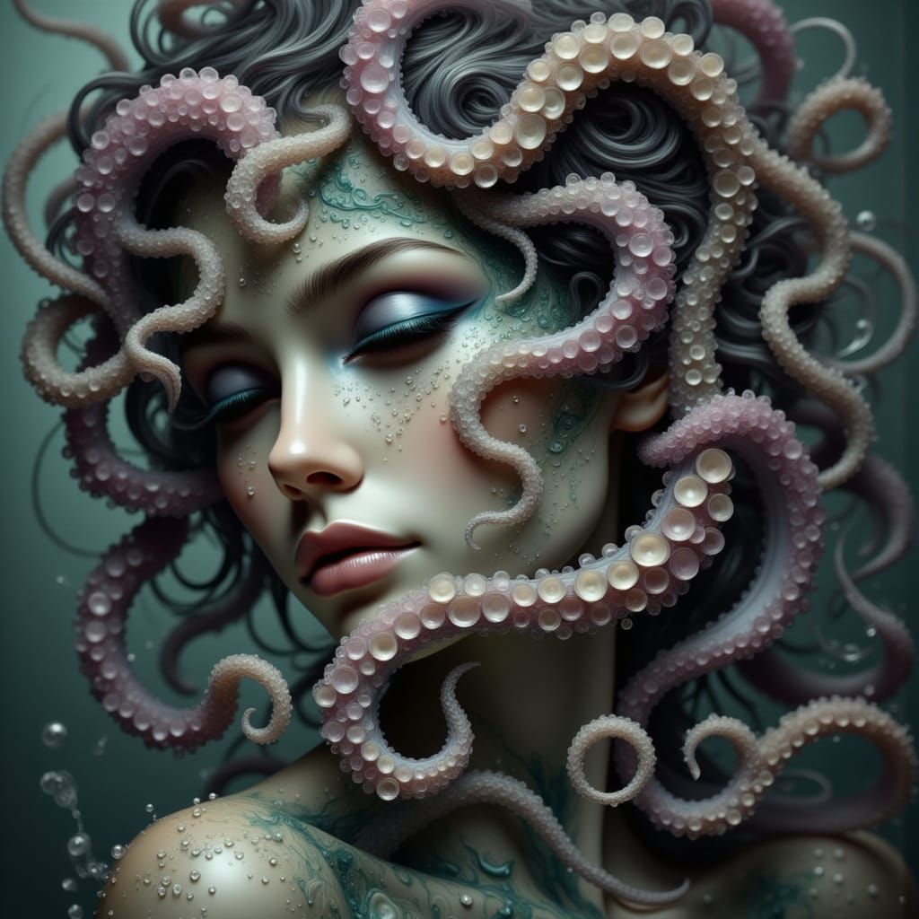 Ethereal Woman with Octopus, Dreamy Art Style