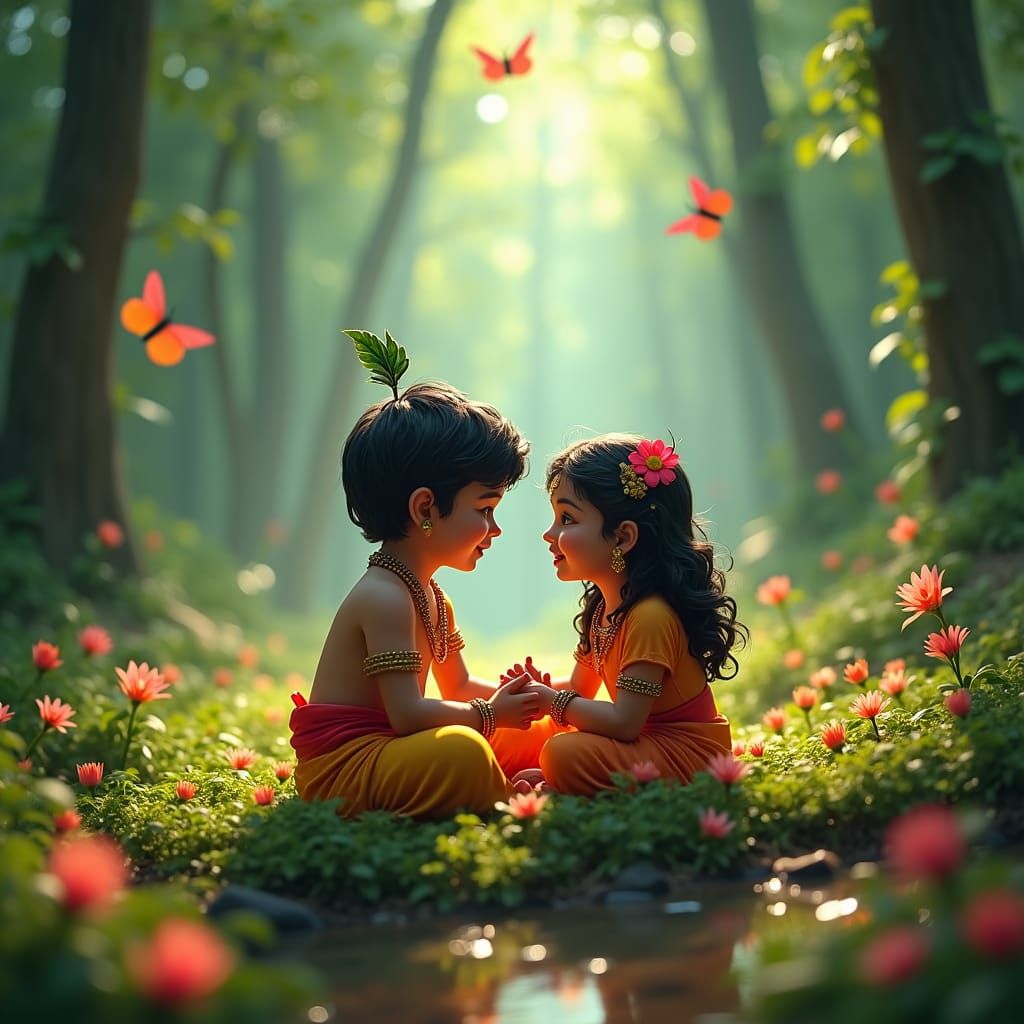 Krishna and Radha Rani with Butterflies