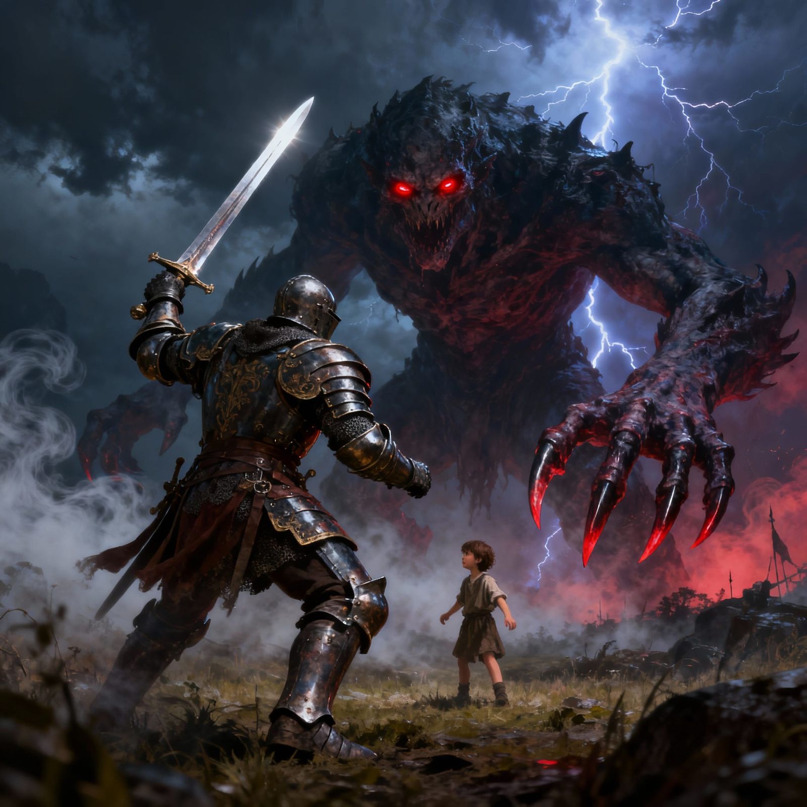 Brave Knight Defends Child From Giant Monster