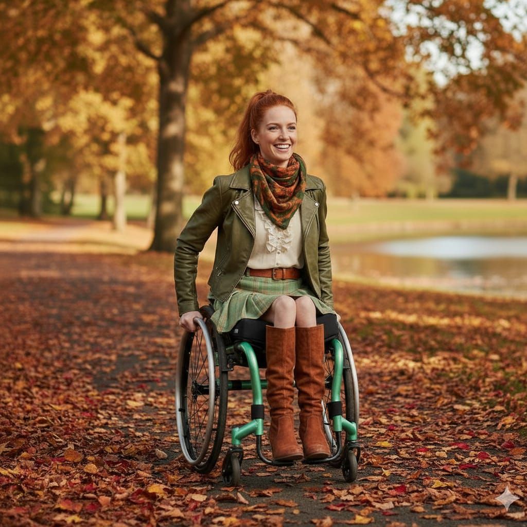 Autumn Scene: Woman in Wheelchair Enjoys Fall