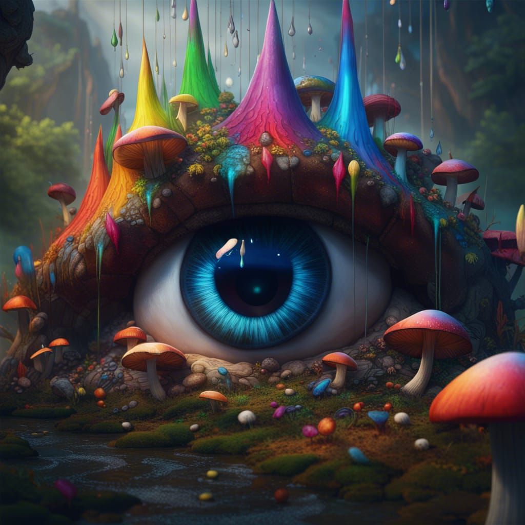 Eye Crying Rainbow Tears in Mushroom Forest