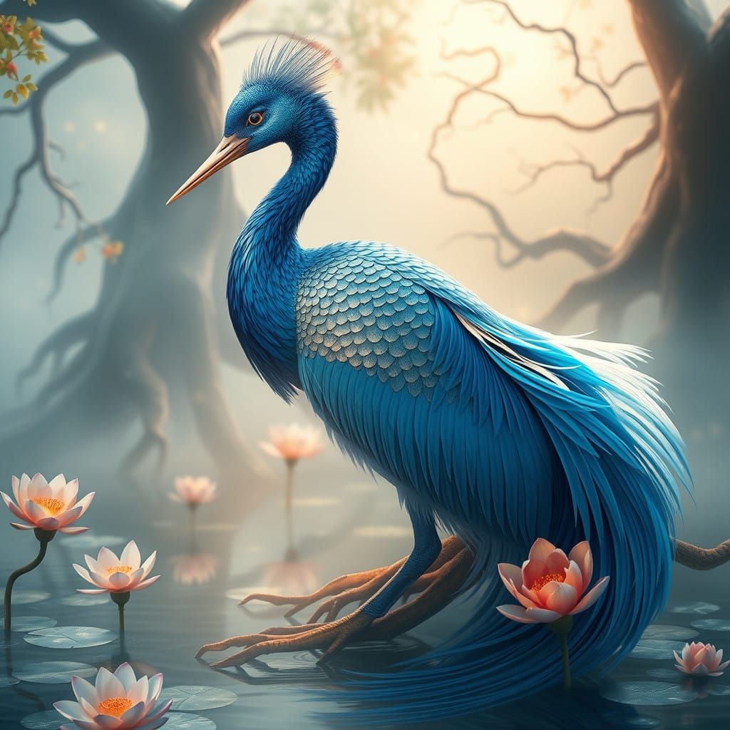 Elegant Koi-Crane Hybrid in Dreamlike Landscape
