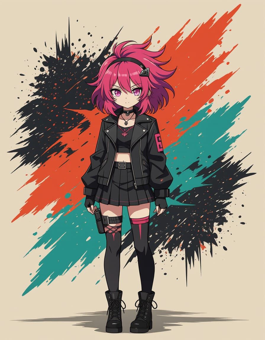 Goth Girl with Pink Hair on Abstract Battlefield