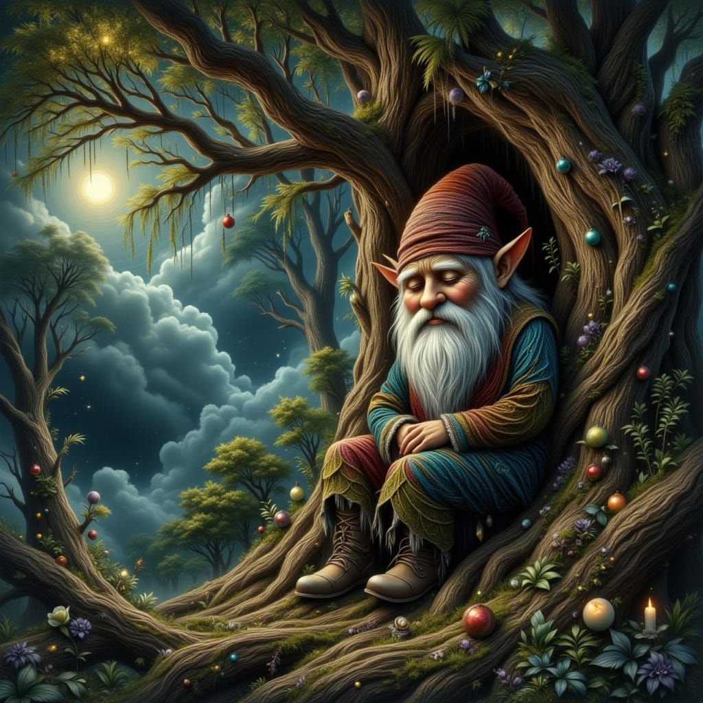 Gnome Sleeping in Ancient Oak Tree Moonlight Scene