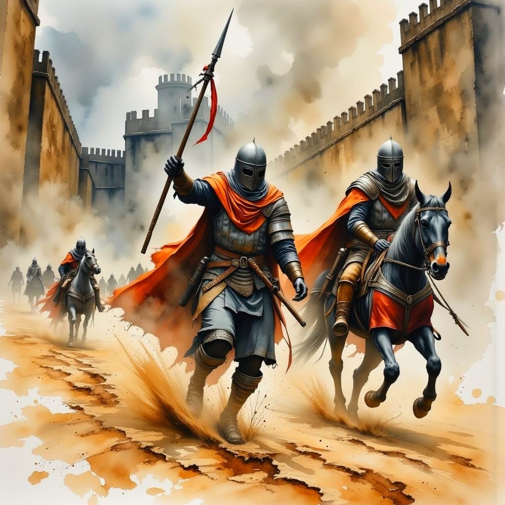 Medieval Crusaders Charging Through a Smoky Battlefield in a...