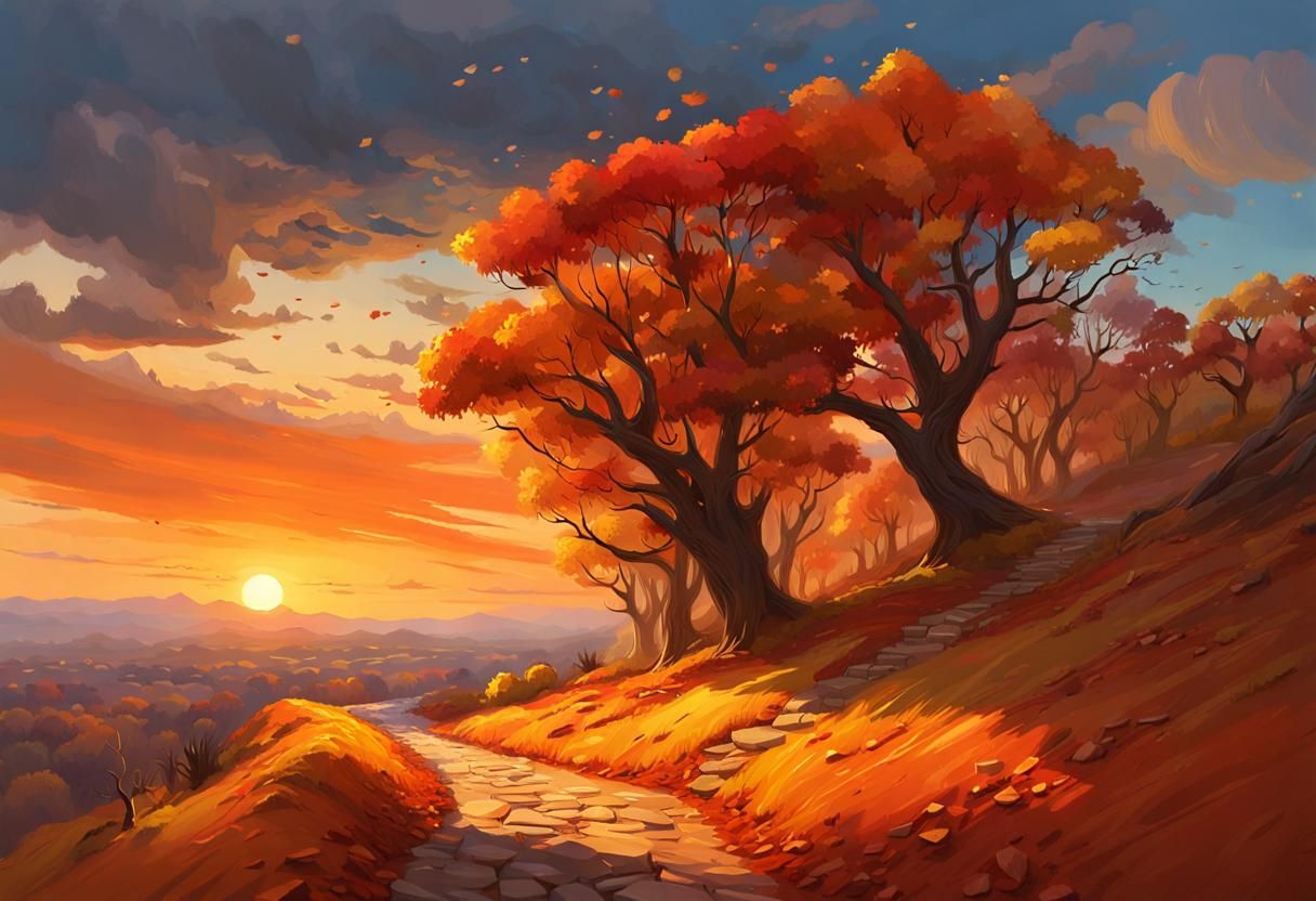Colorful Autumn Path at Sundown in Earth Art Style