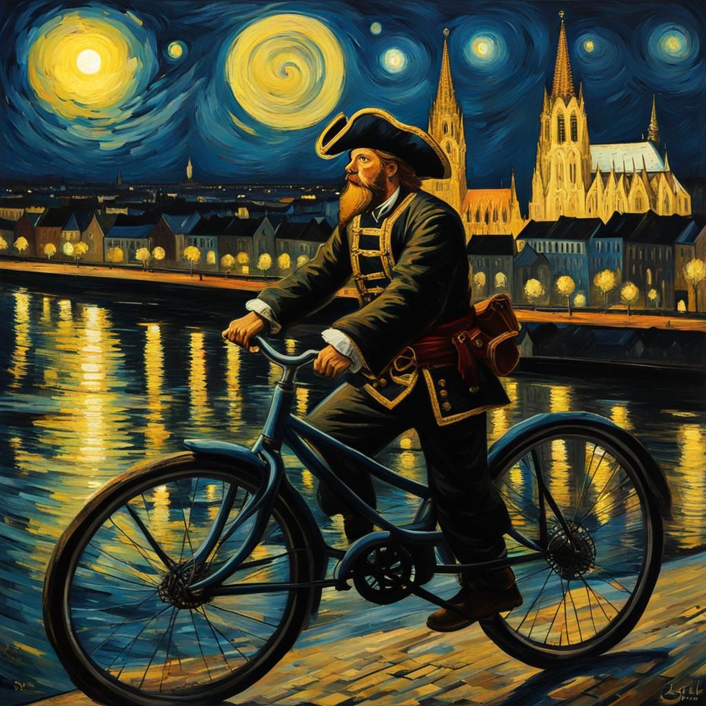 Pirate on Bicycle at Cologne Cathedral in Van Gogh Style