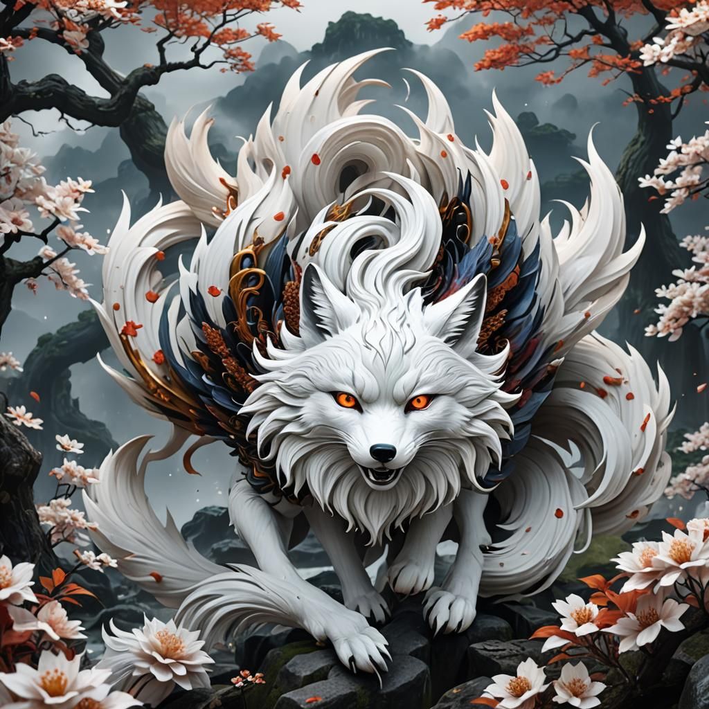 Elegant White Japanese Nine-Tailed Fox