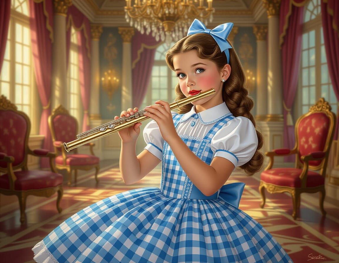 Girl Plays Flute in Castle, Pin-Up Art Style