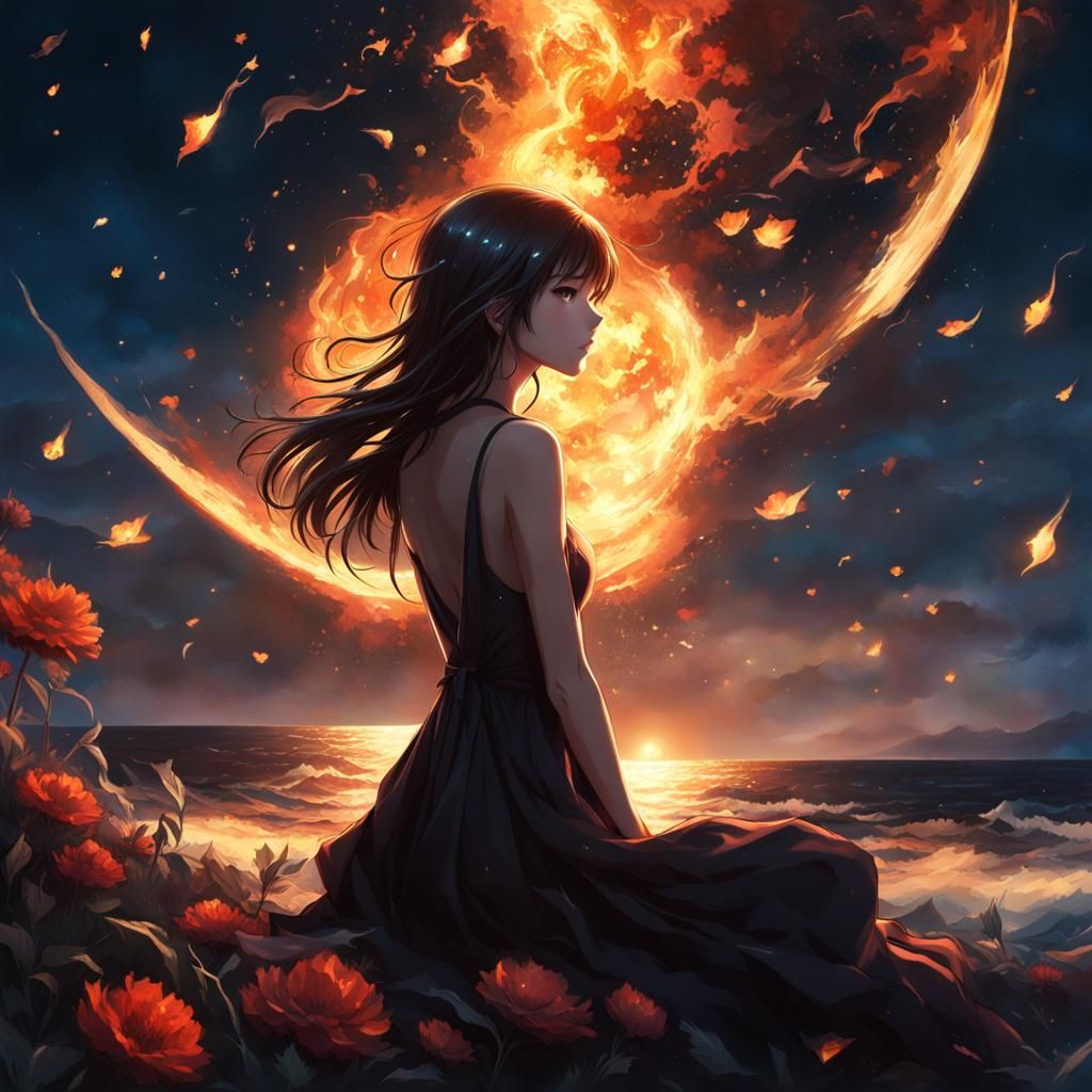 Anime Girl Gazing at Shattered Moon