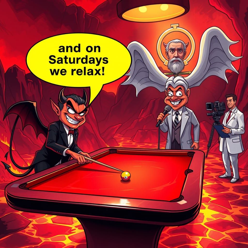 Cartoon Devil and God Play Pool in Hellish Landscape