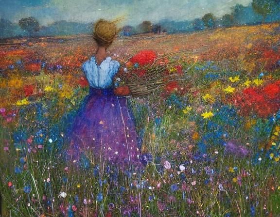 Girl in a Blooming Flower Meadow: Watercolor Style