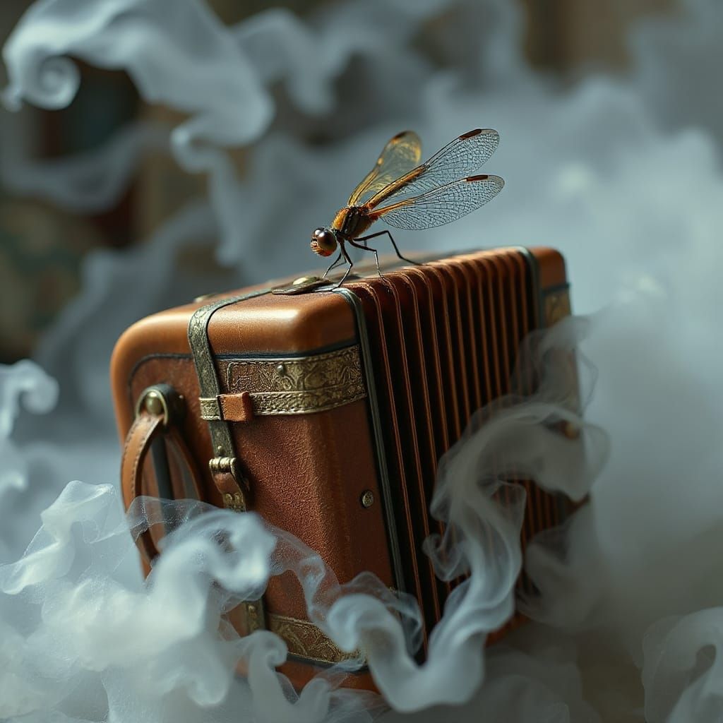 Iridescent Dragonfly on Accordion in Dreamlike Mist