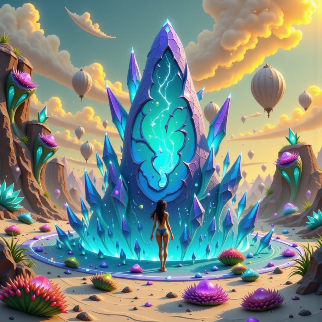 Woman on Alien Beach with Crystalline Structures
