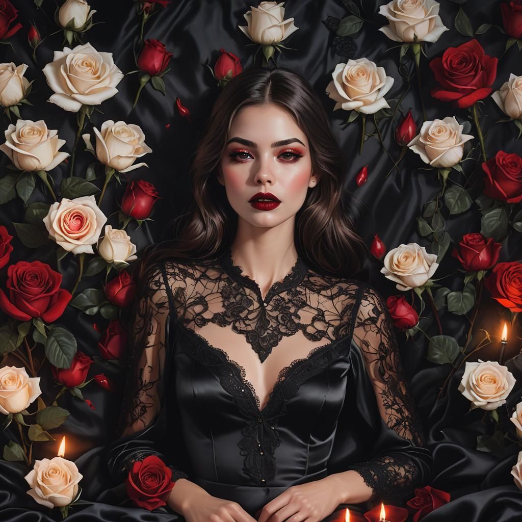Brunette in Lace Blouse with Roses, Hyperrealistic Art