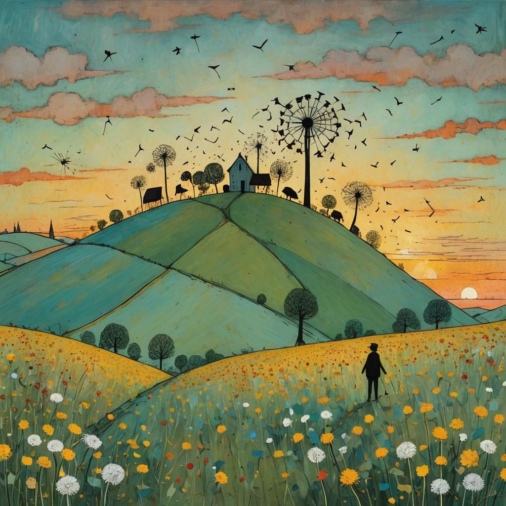 Surreal Sunrise Hill with Giant Dandelions