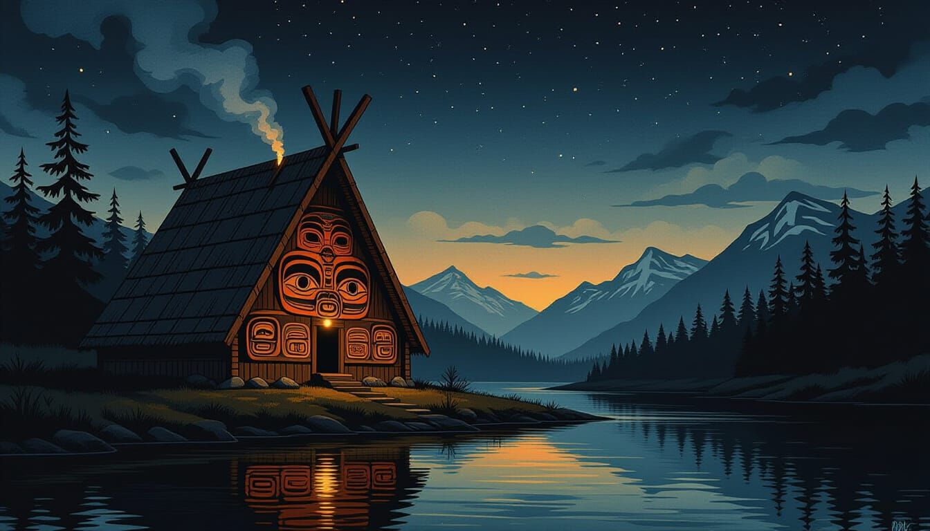 Mystical Longhouse at Night in Haida Art Style