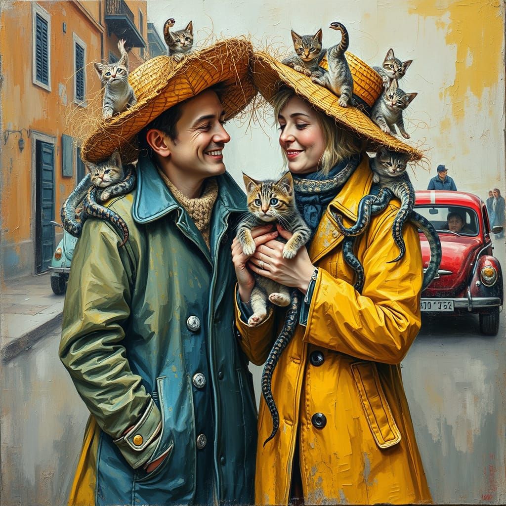 Couple Holding Baby With Kittens and Snakes, Durer Style